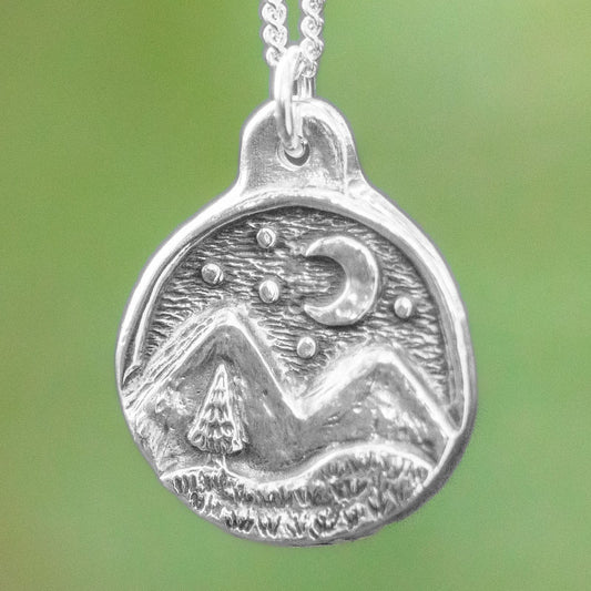 Moon And Mountains Silver Pendant Necklace