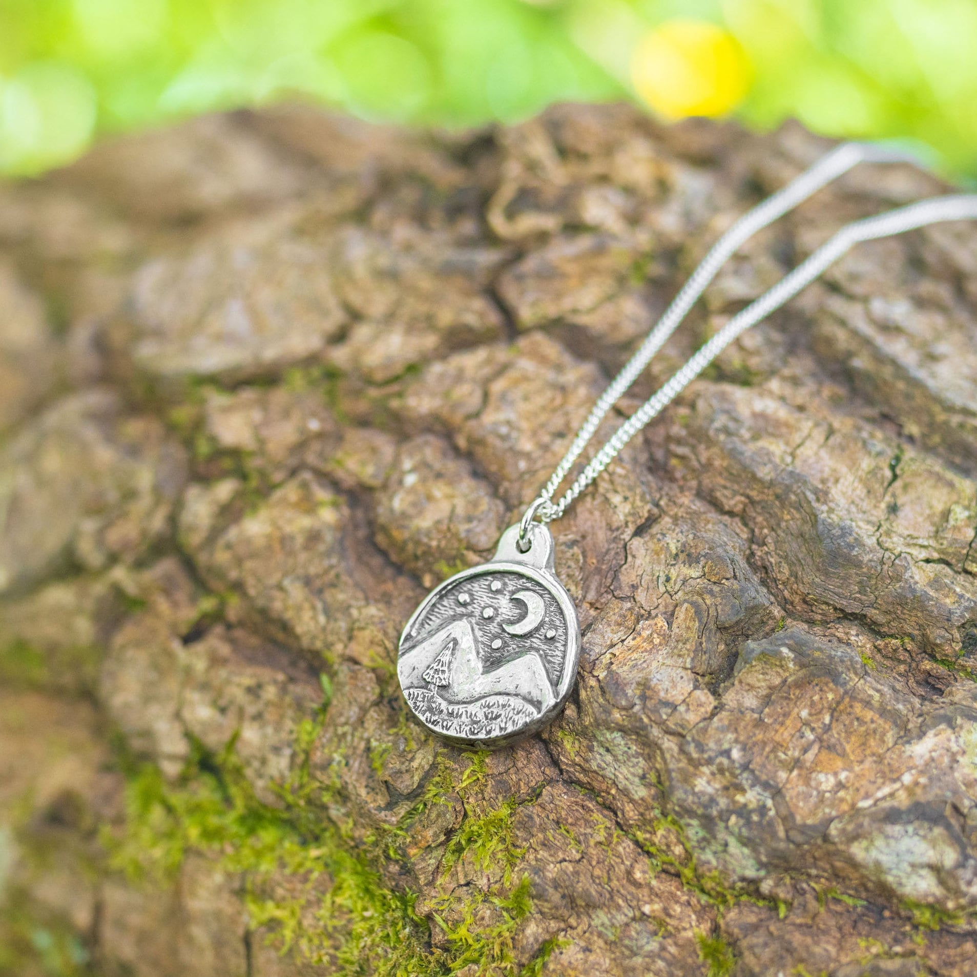 Moon And Mountains Silver Pendant Necklace