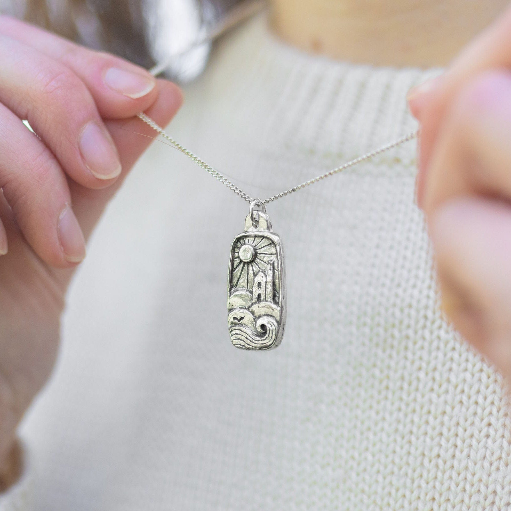 Cornish Engine House Landscape Silver Pendant Necklace