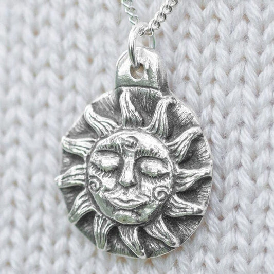 Celestial Sun Face Silver Pendant Necklace