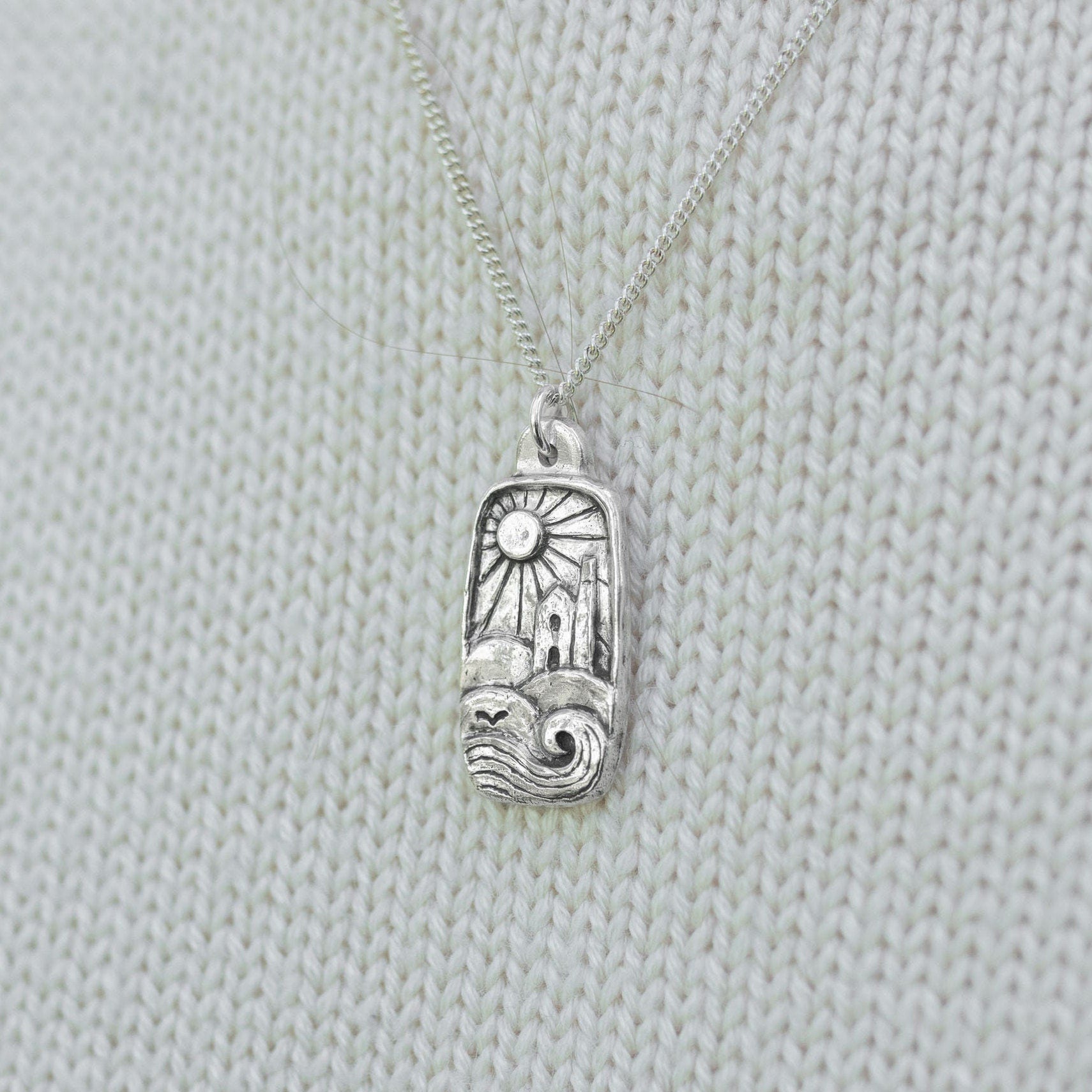 Cornish Engine House Landscape Silver Pendant Necklace